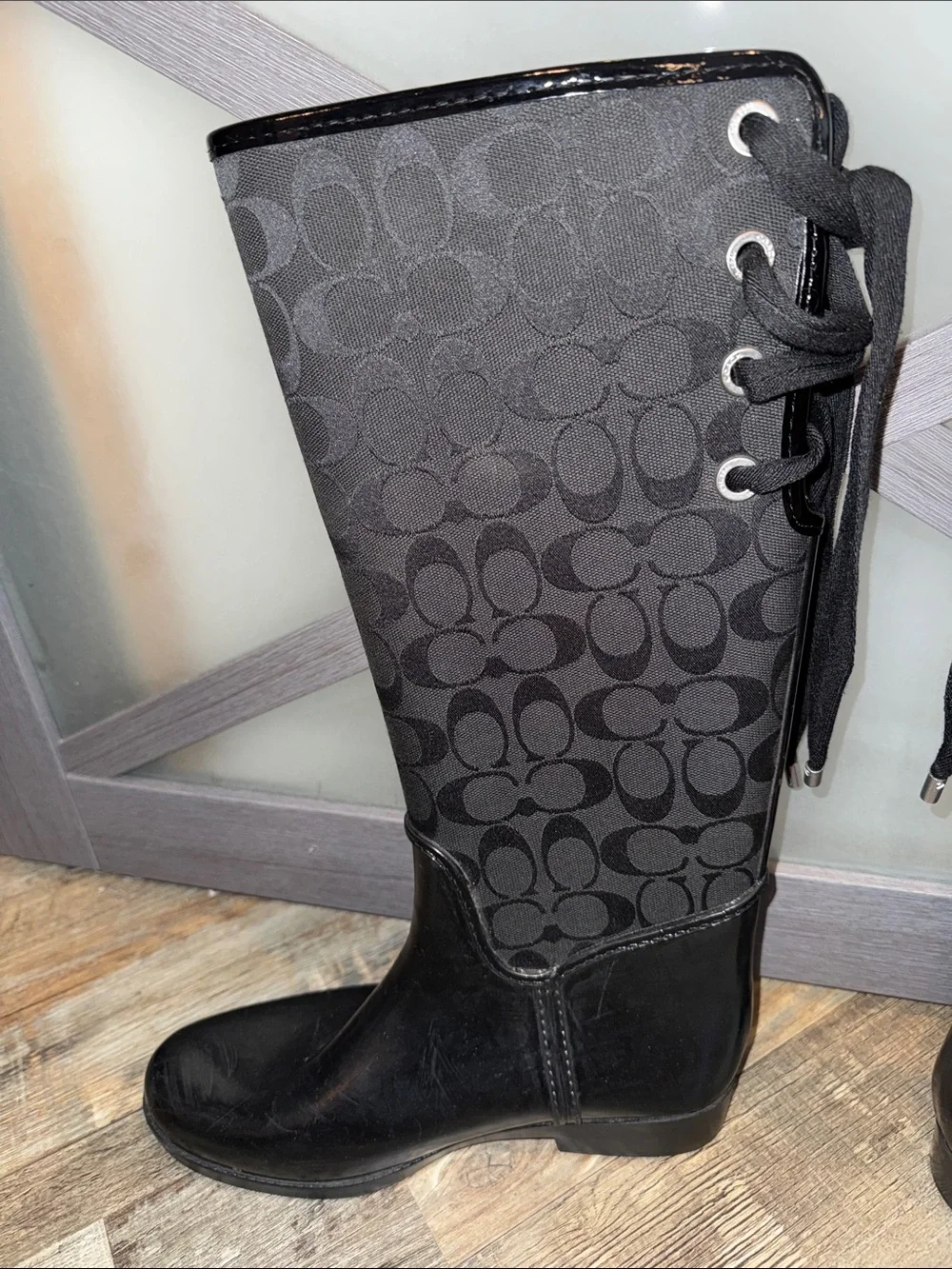 Coach TristeeTall Black Signature Lace-Up Rain Boots